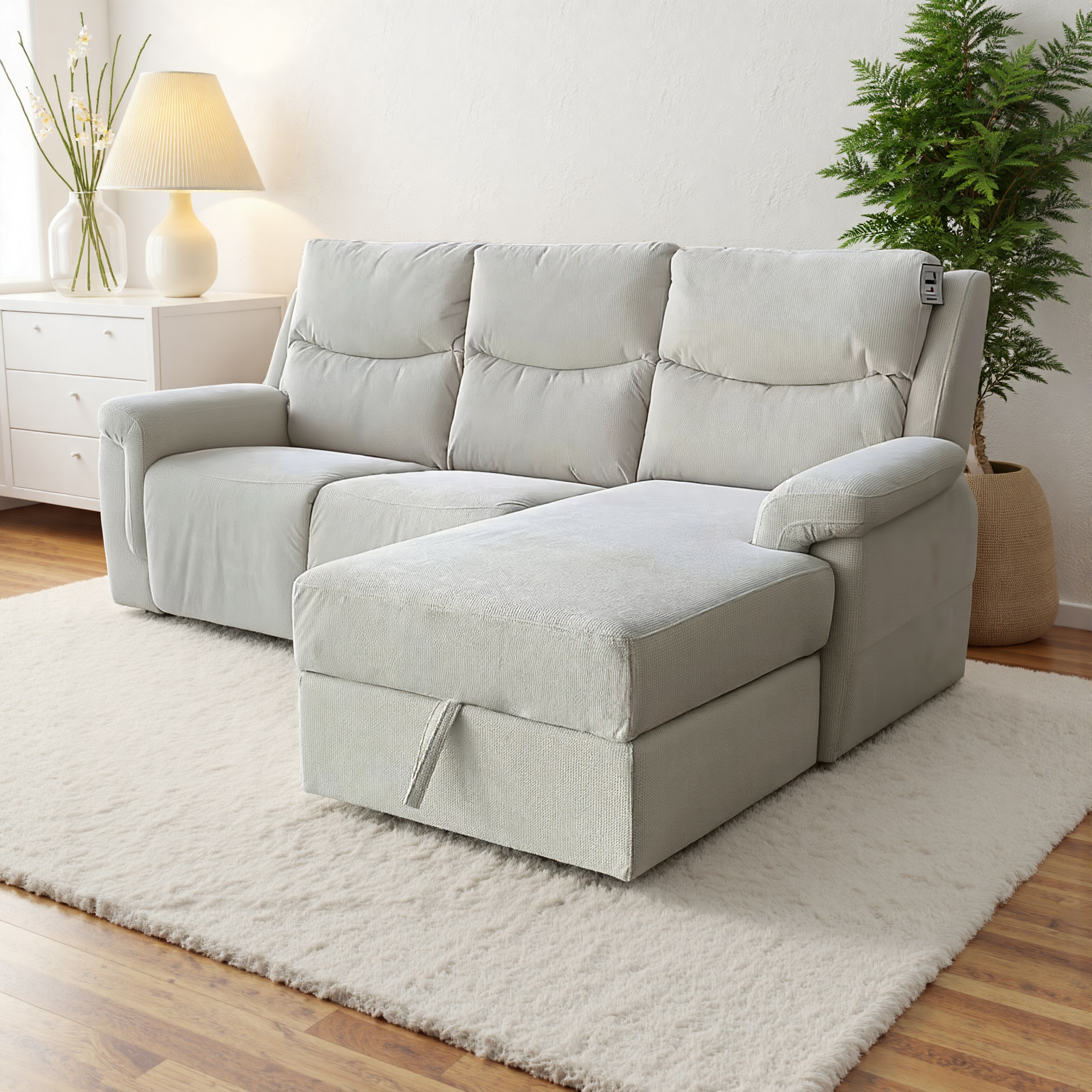 Light Cream L-Shaped Corner Sofa with Electric Recline & Storage - Image 2