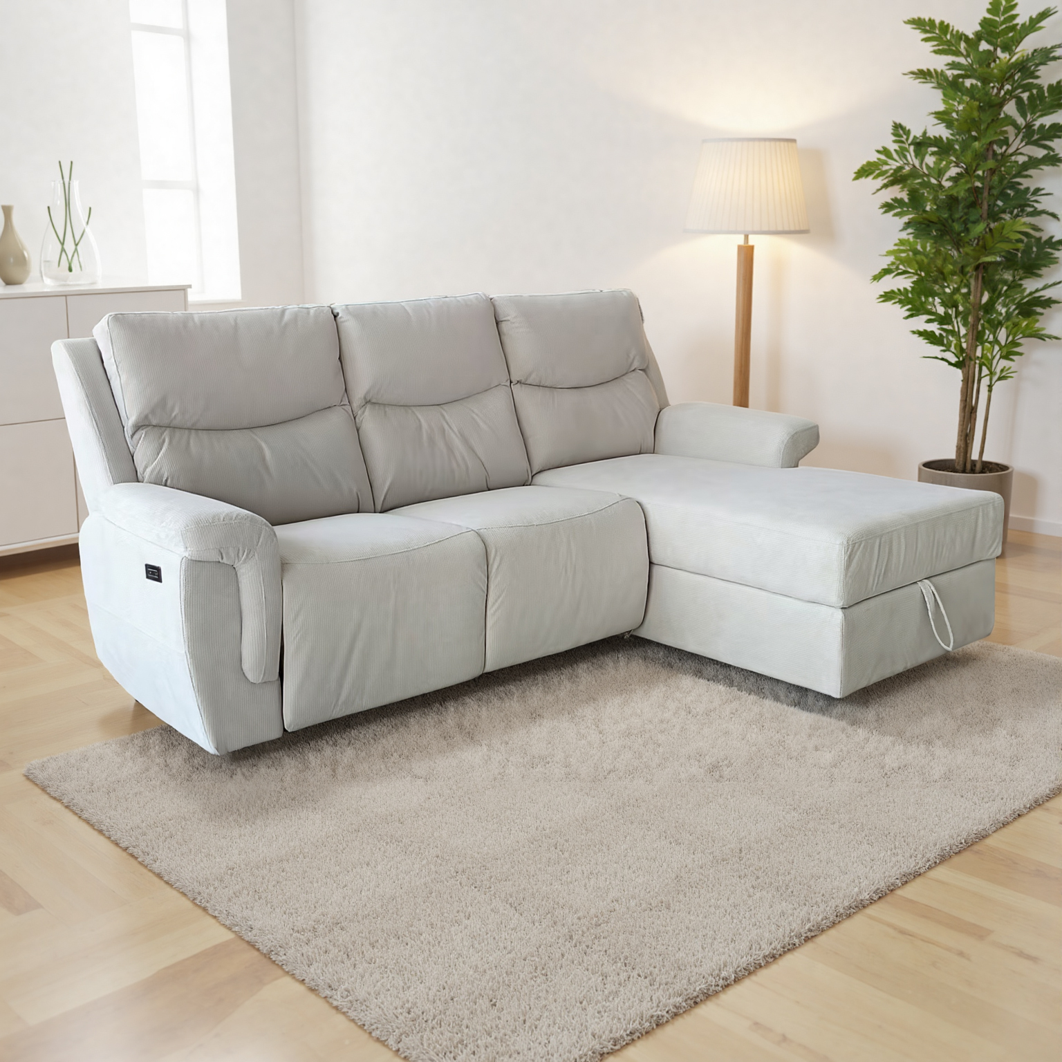 Light Cream L-Shaped Corner Sofa with Electric Recline & Storage - Image 3